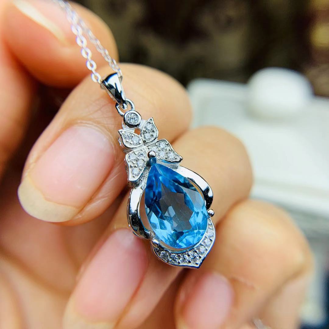 天然瑞士蓝托帕石吊坠 深蓝高贵925银镶嵌欧美约会天然项链锁骨链