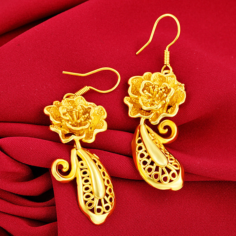 新款新娘结婚耳饰时尚沙金花朵耳环耳吊24k镀金婚庆饰品仿真首饰