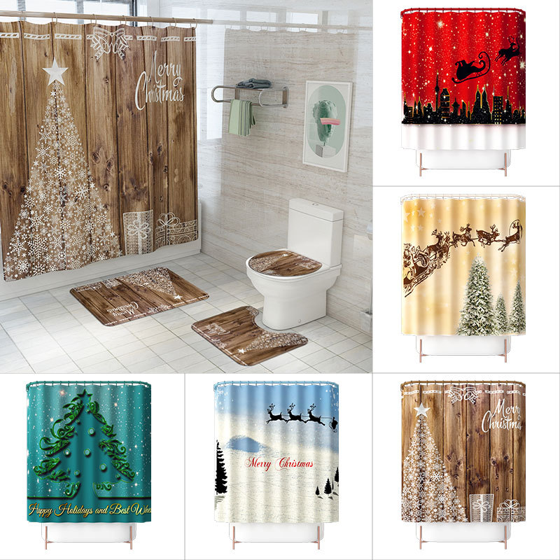 Exclusive for Cross-Border Christmas Element Printing Toilet Floor Mat Four-Piece Snow Christmas Tree Waterproof Shower Curtain DIY Pattern