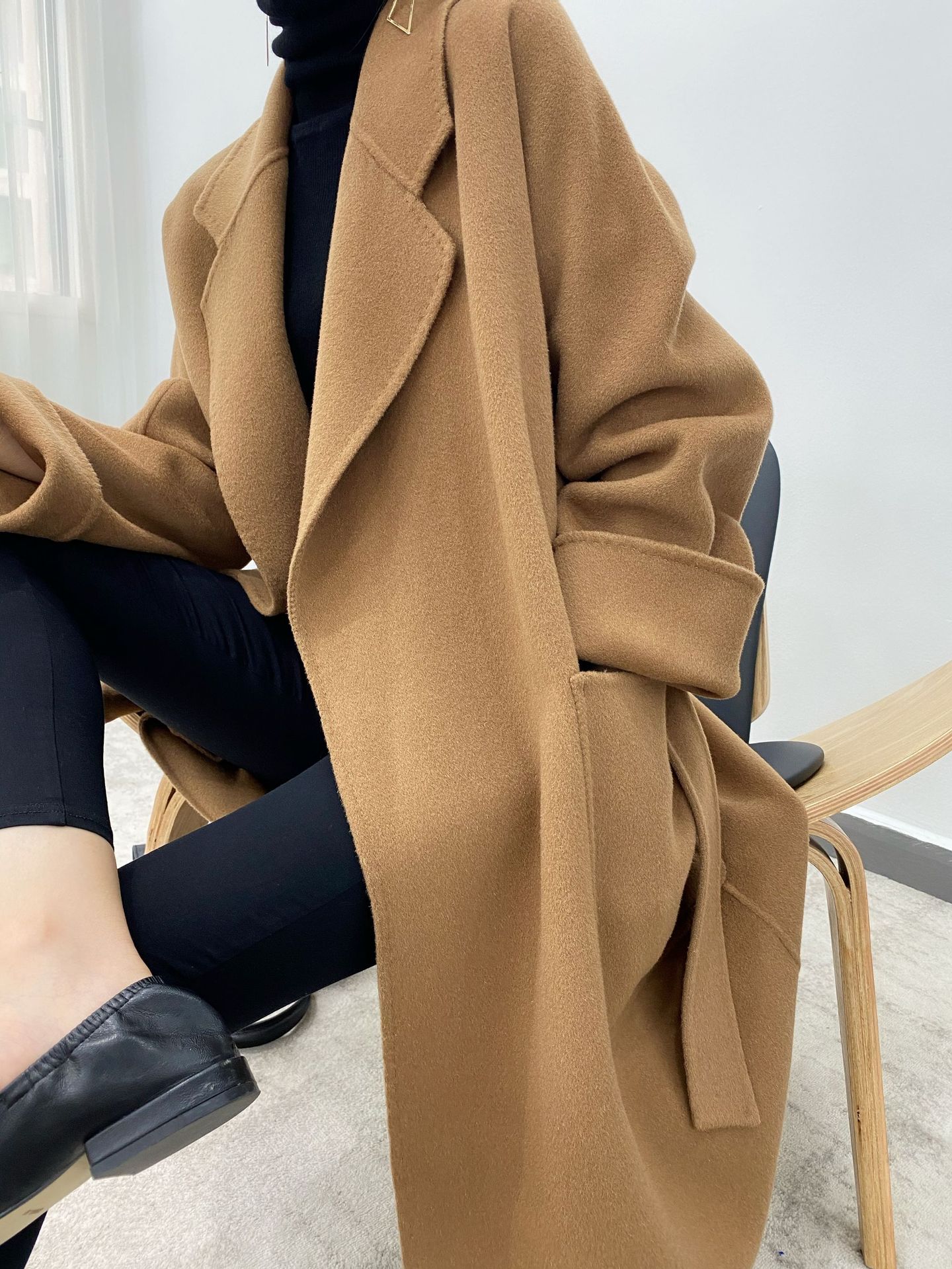 新款双面羊毛大衣赫本风修身显瘦中长款过膝时尚羊毛大衣毛呢外套