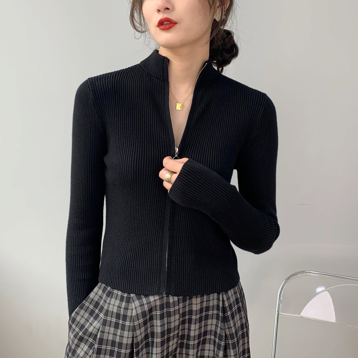 Jia Zhi High Street Girl Wear Zipper Knitted Long-Sleeved Fried Street Sweater 8t8073 Short Elegant Slim Sweater