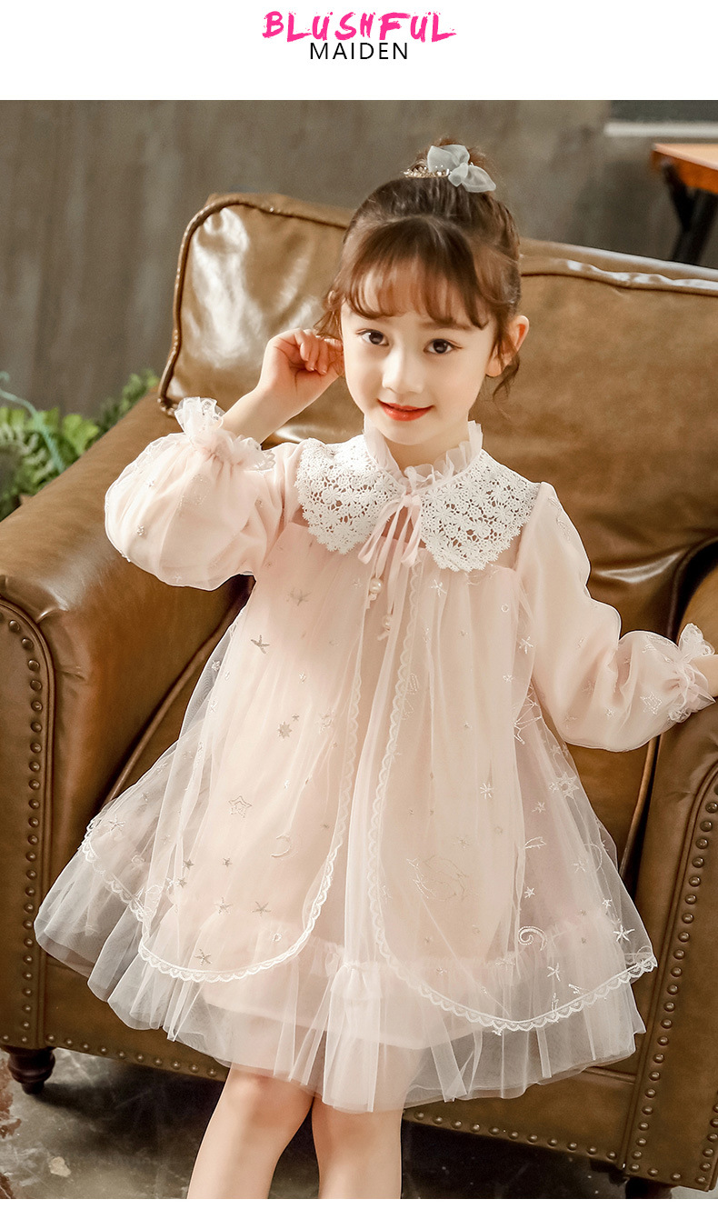 女童长袖娃娃版网纱连衣裙春装蕾丝领公主范蓬蓬裙儿童装刺绣纱裙