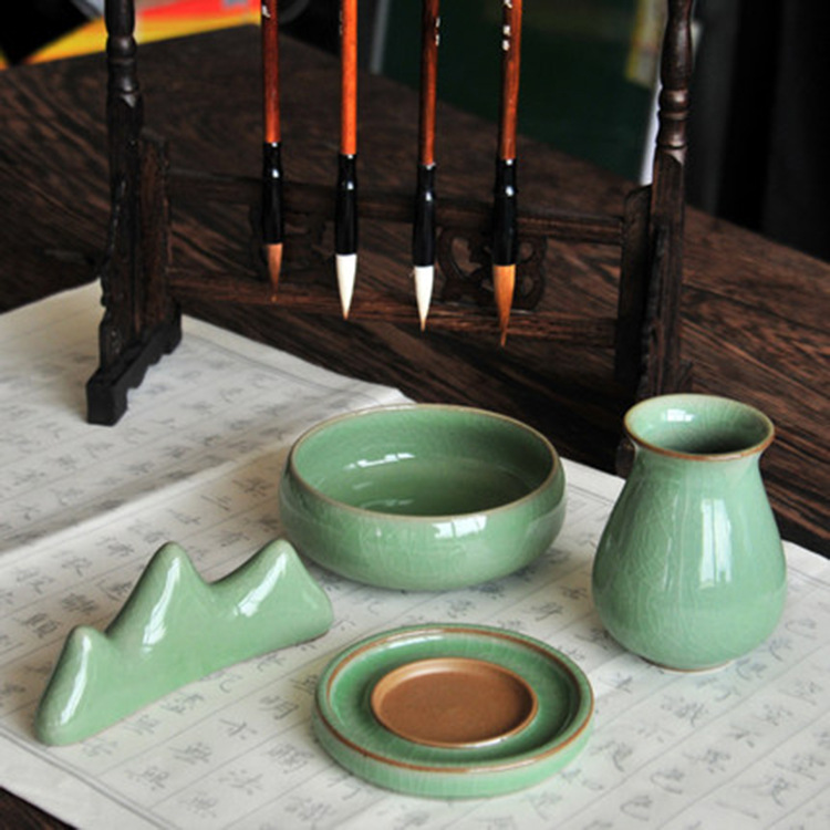 文房四宝套装摆件影青书法国画瓷器用品套装笔搁笔筒镇纸