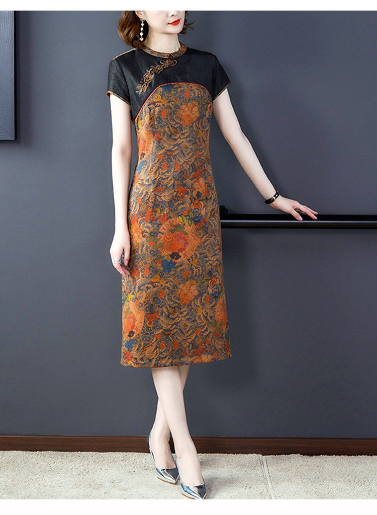 香云纱连衣裙女2020夏印花龟纹拼接素绉缎桑蚕丝裙商城质量