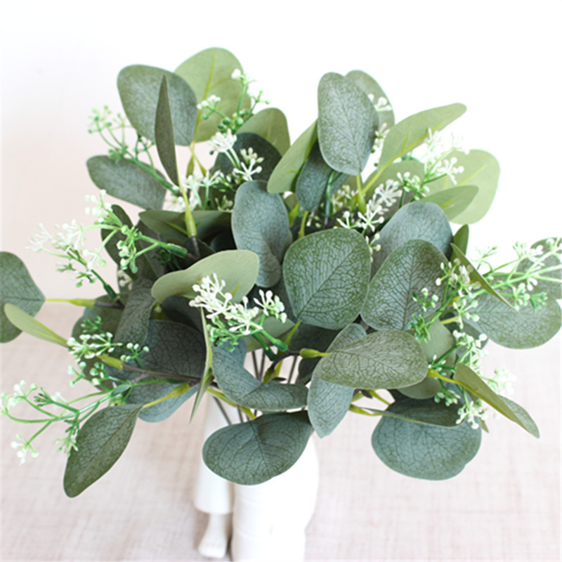 跨境专供仿真单支带果尤加利 diy装饰插花桉树叶短枝带果金钱叶