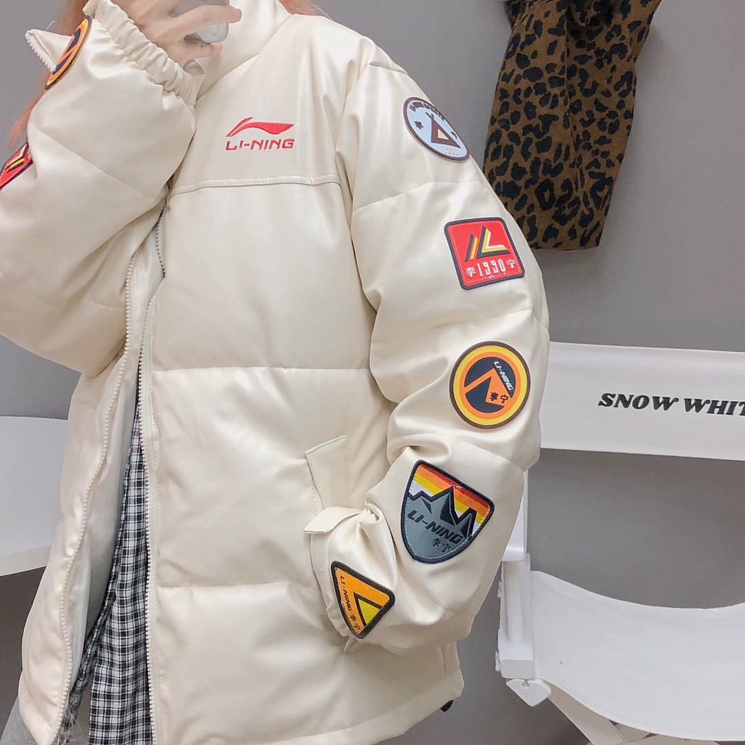 中国李宁lining多袖章刺绣男女宽松pu夹克棉衣棉服外套学院外贸潮
