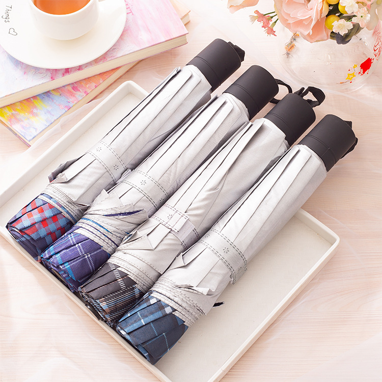 Umbrella Rain and Rain Dual-Use Men's and Women's Triple Folding Umbrella UV-Proof Silver Glue Folding Umbrella Business British Style Plaid Large Double