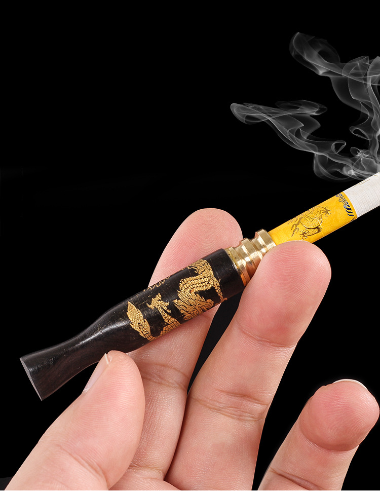 黑檀木雕龙烟嘴粗细两用中细专用过滤器循环型可清洗实木过滤嘴
