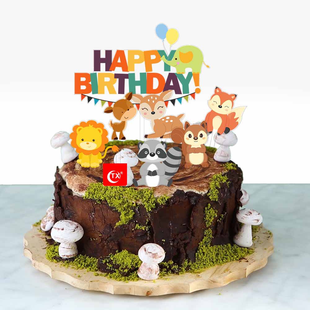 森林动物园diy儿童生日快乐蛋糕插卡通大象彩印烘焙甜品小插装饰