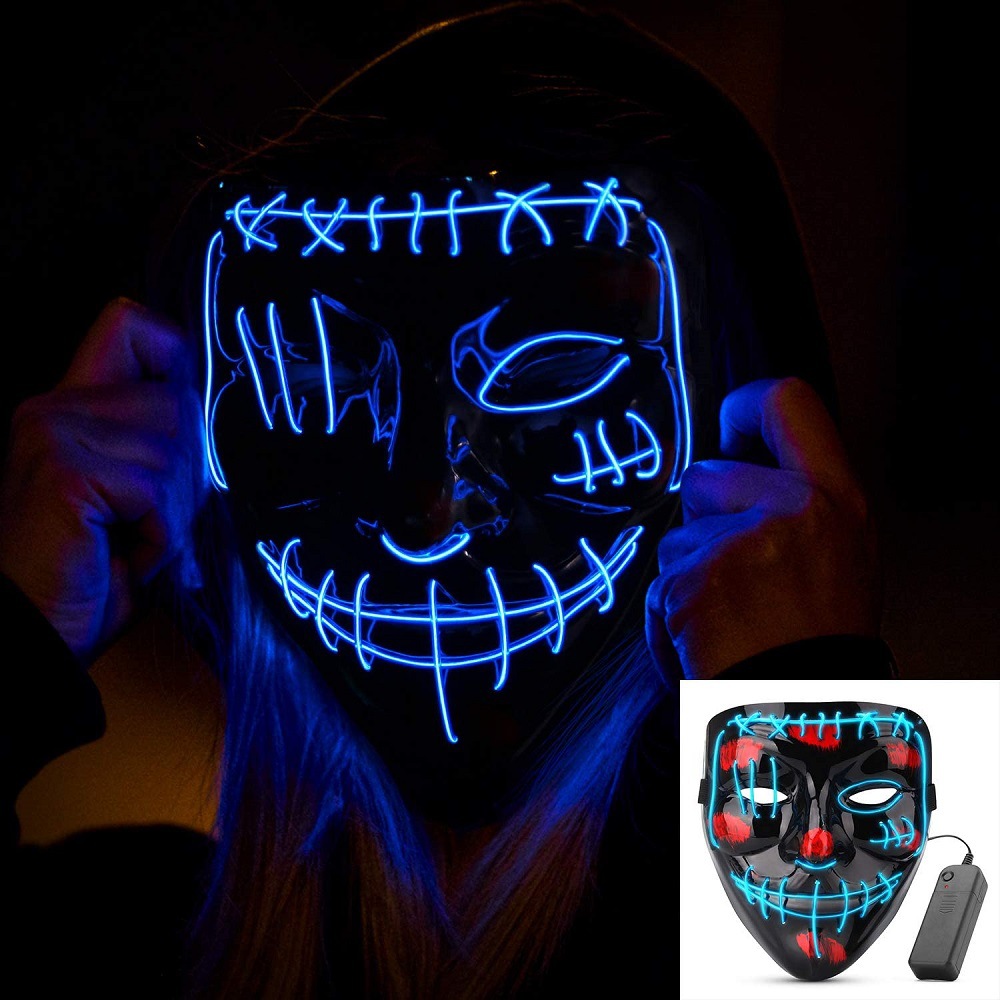 新款万圣节发光面具黑v字带血恐怖led面罩鬼脸el荧光氛围道具跨境