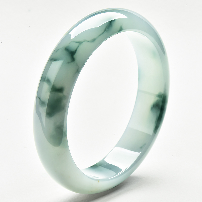 缅甸冰种飘花翡翠手镯女玉石手镯玉镯子圆镯珠宝玉器白底飘绿手环