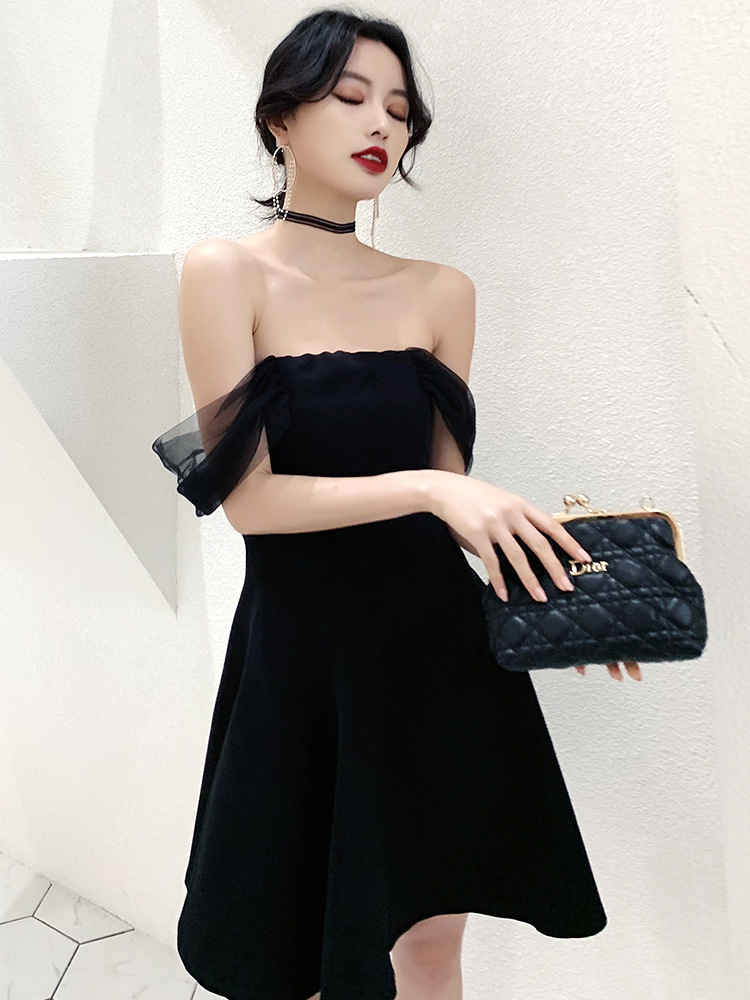 一字肩黑色小礼服裙仙女裙短款平时可穿生日小礼裙小个子派对聚会
