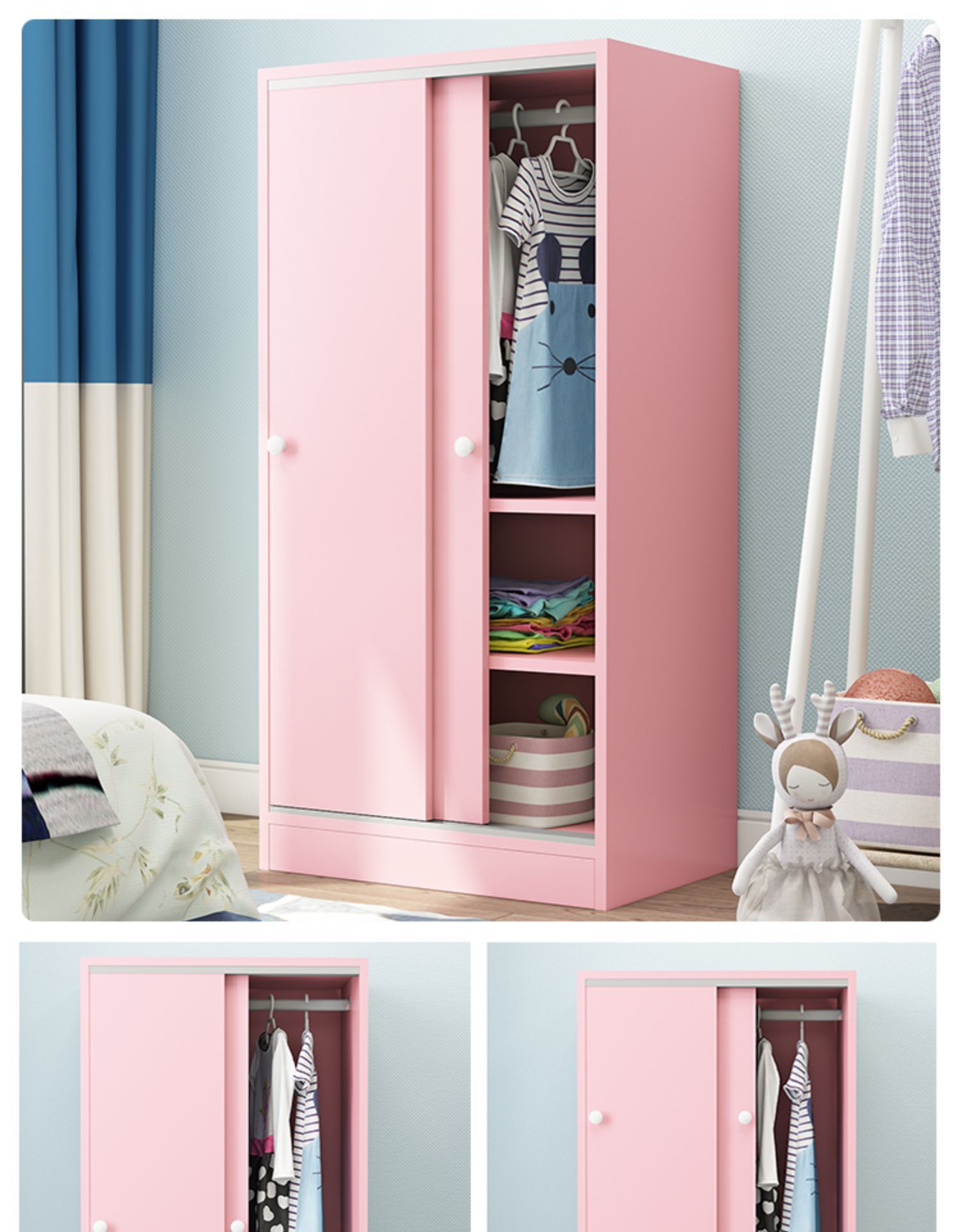 儿童衣柜推拉门女孩2门单人拉门小衣柜矮男孩占地小实木小户型木