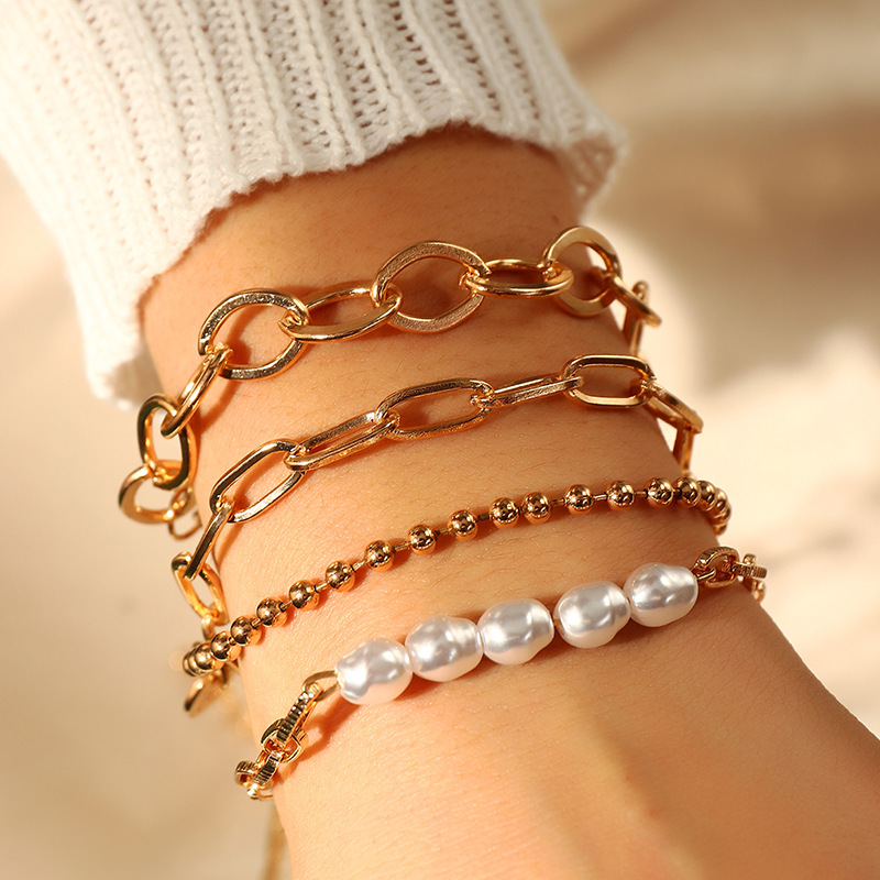 European and American Bracelet Wholesale Fashion Simple Multi-Layer Chain Geometric Bracelet Beaded Pearl Bracelet