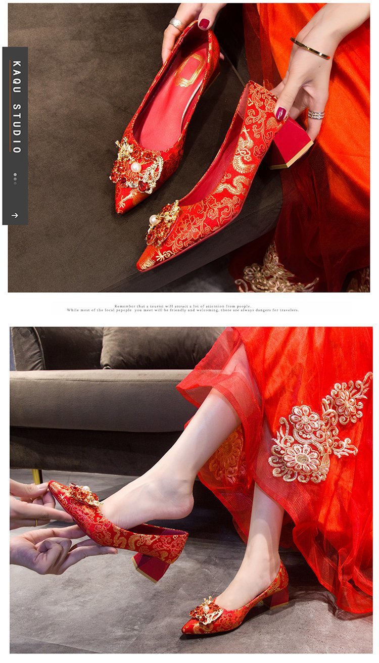 春秋季中式婚鞋女红色高跟鞋粗跟龙凤绣花新娘鞋旗袍秀禾鞋红鞋