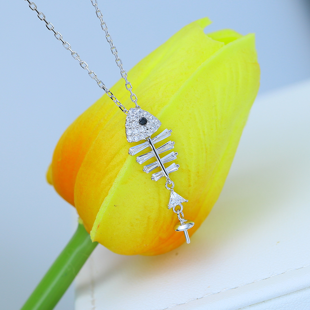 diy配件 s925纯银鱼骨项链新款 珍珠吊坠项坠空托 精工银饰半成品