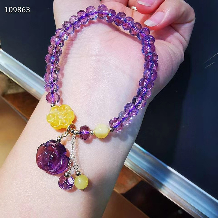 自然紫水晶盘珠手链搭配蜜蜡小花紫水晶雕刻小花吊坠