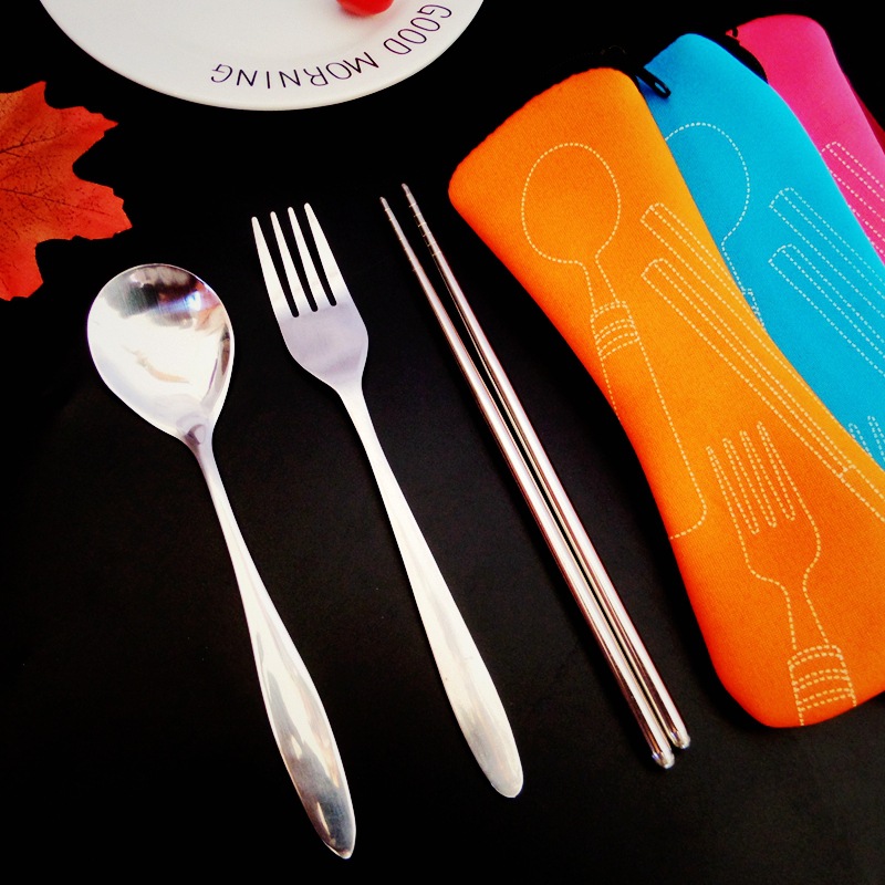 便携旅游学生布袋包套装不锈钢勺叉筷子三件套创意不锈钢礼品餐具
