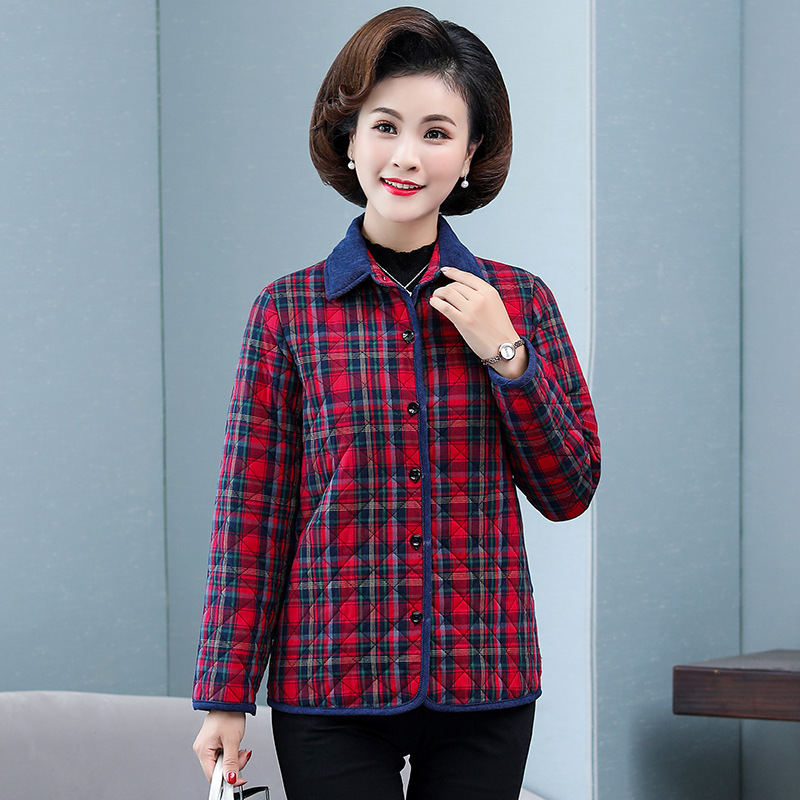 Autumn and Winter Cotton Small Cotton-Padded Jacket Middle-Aged and Elderly Women's Quilted Shirt Cotton Plaid Mother-in-Law Cotton Coat