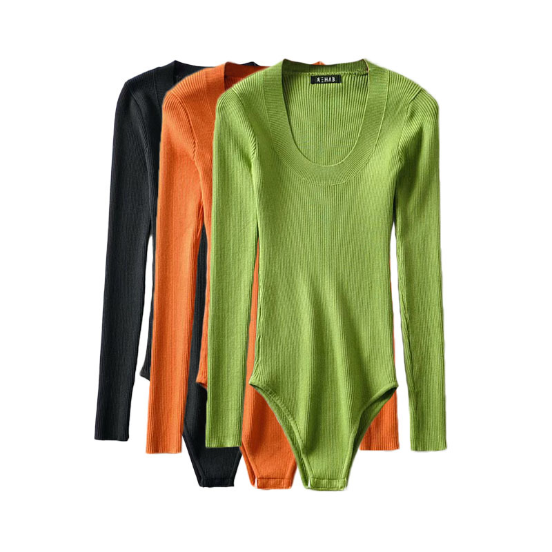 2019冬装性感紧身大u领螺纹针织衫连体衣女百搭长袖毛衣打底上衣