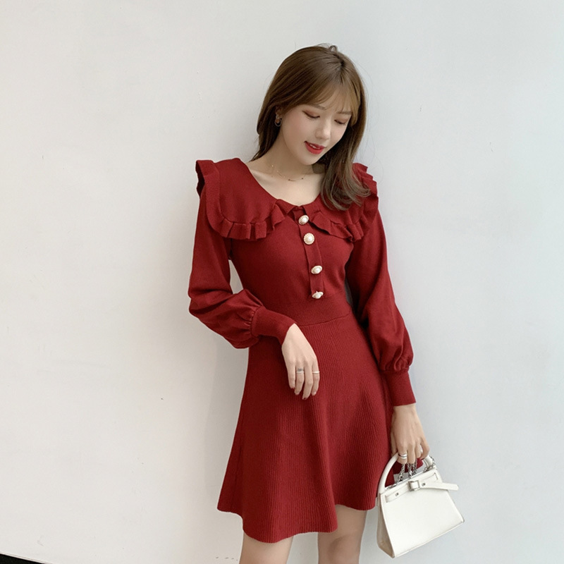 复古法式新年衣服车厘子红大码新款2020年打底针织连衣裙女秋冬款