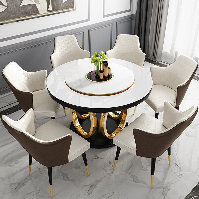 现代简约轻奢不锈钢可伸缩折叠圆桌带电磁炉火锅高档餐桌餐椅组合