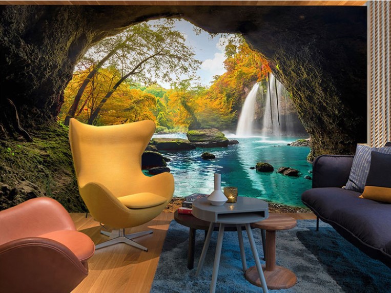 3d立体延伸空间背景墙纸大自然风景山洞海景壁纸餐厅酒吧酒店墙布