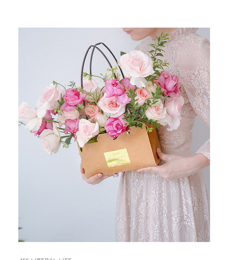 手提花盒纸质花篮防水牛皮纸pvc长方形插花盒鲜花束包装盒