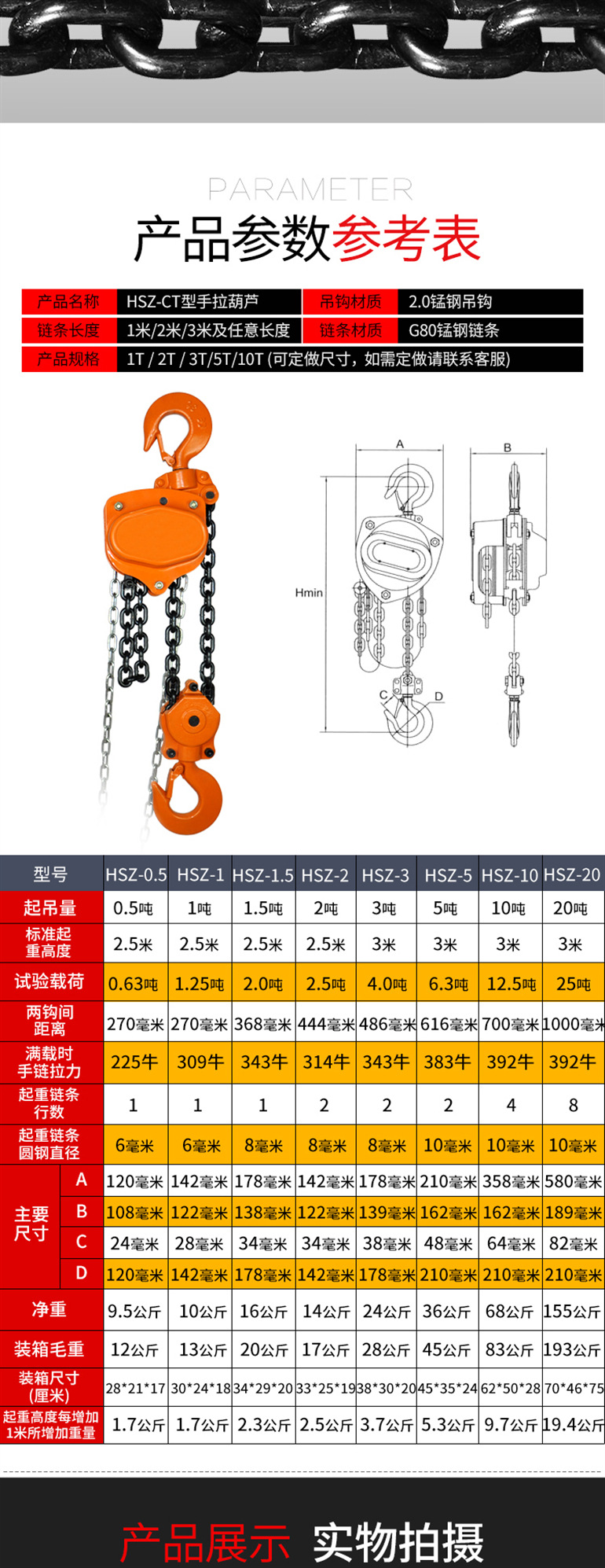 倒链手拉葫芦1t/3t/5t手动吊葫芦小型3m/5m工地家用装修手拉葫芦