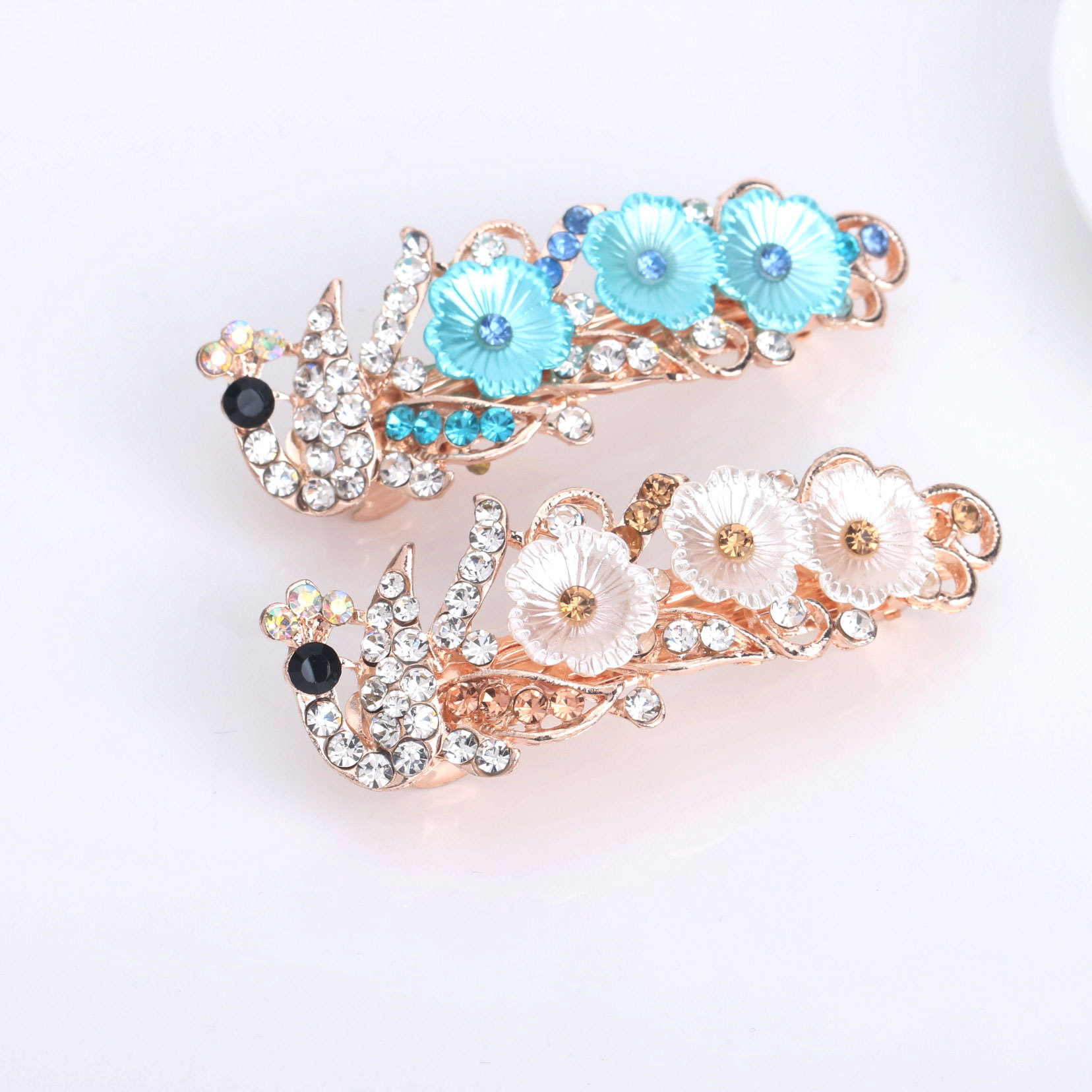 小号韩版水钻孔雀发夹头饰 女士简约花朵百搭顶夹地摊货源批发