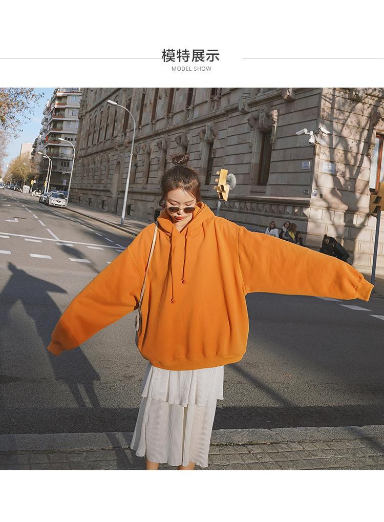 实拍oversize韩系甜美橘色连帽宽松显瘦大版休闲蝙蝠袖套头卫衣女