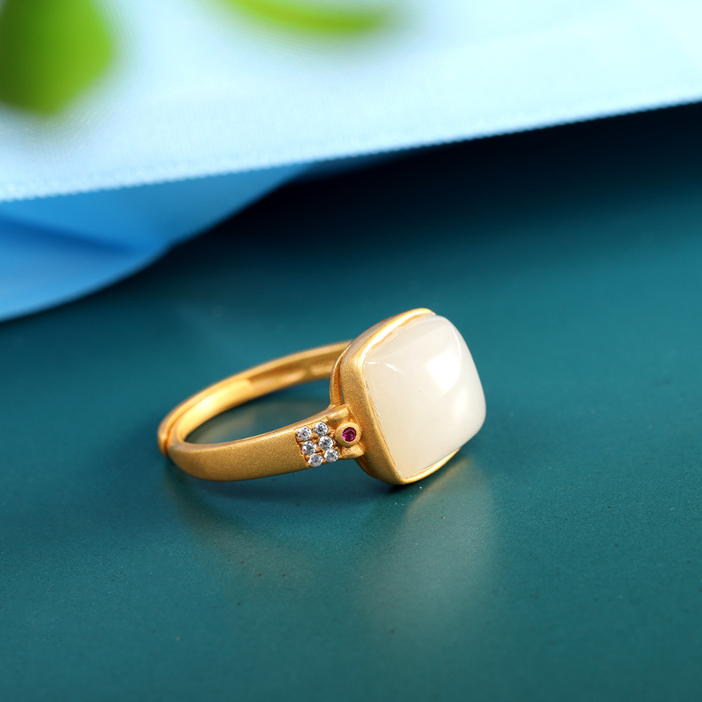 人品银品s925银镀金首饰和田玉方形戒指简约女式开口戒指厂商直销