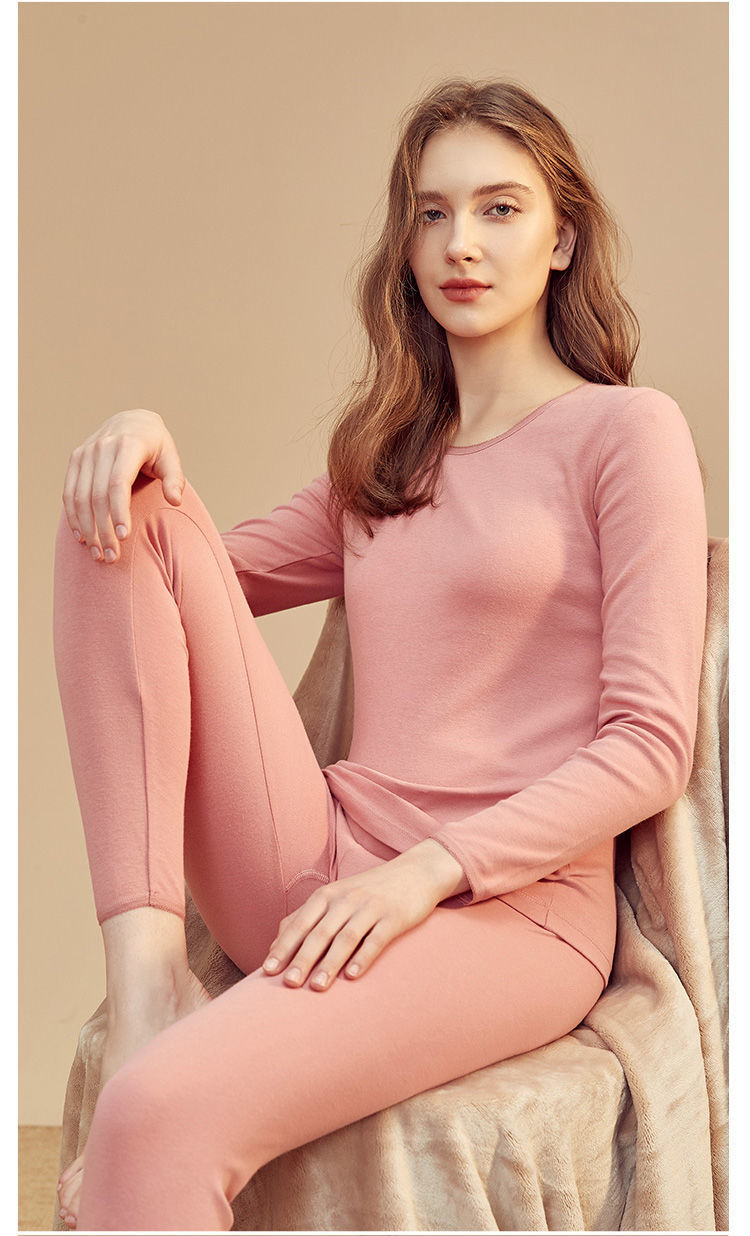 顶瓜瓜保暖内衣女士秋衣秋裤秋冬纯色打底圆领棉毛衫套装