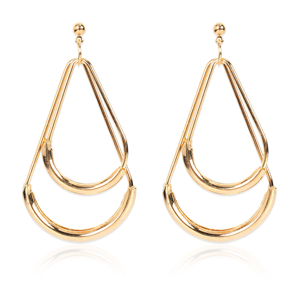 欧美跨境时尚耳环 复古合金水滴形耳坠双层金色耳饰女 f8240