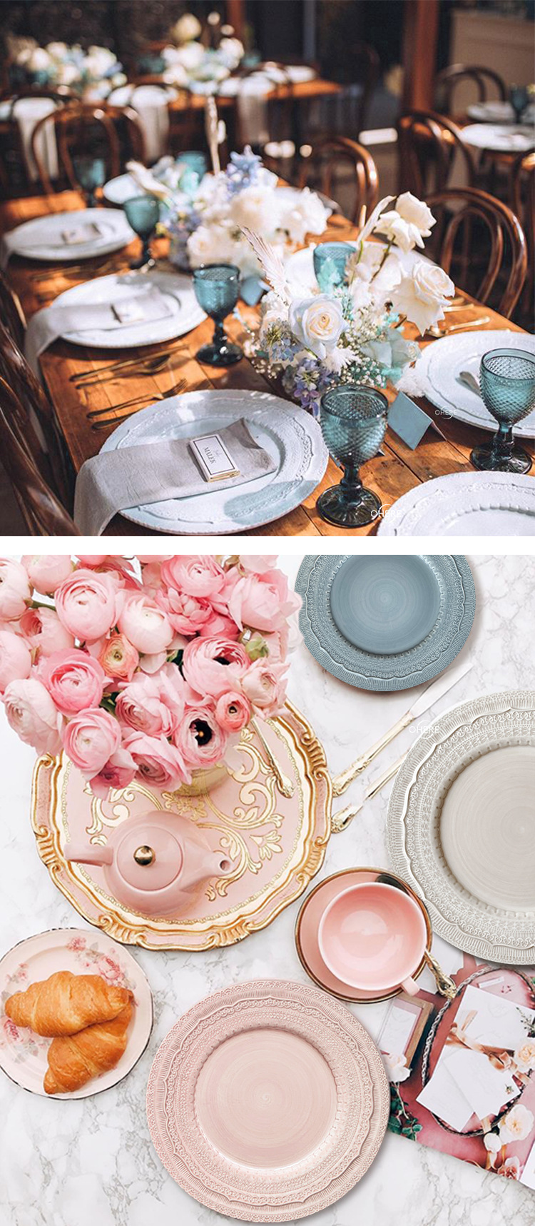 出口手绘日用陶瓷餐具蓝色蕾丝婚礼垫盘13寸法式浮雕花边餐盘定制