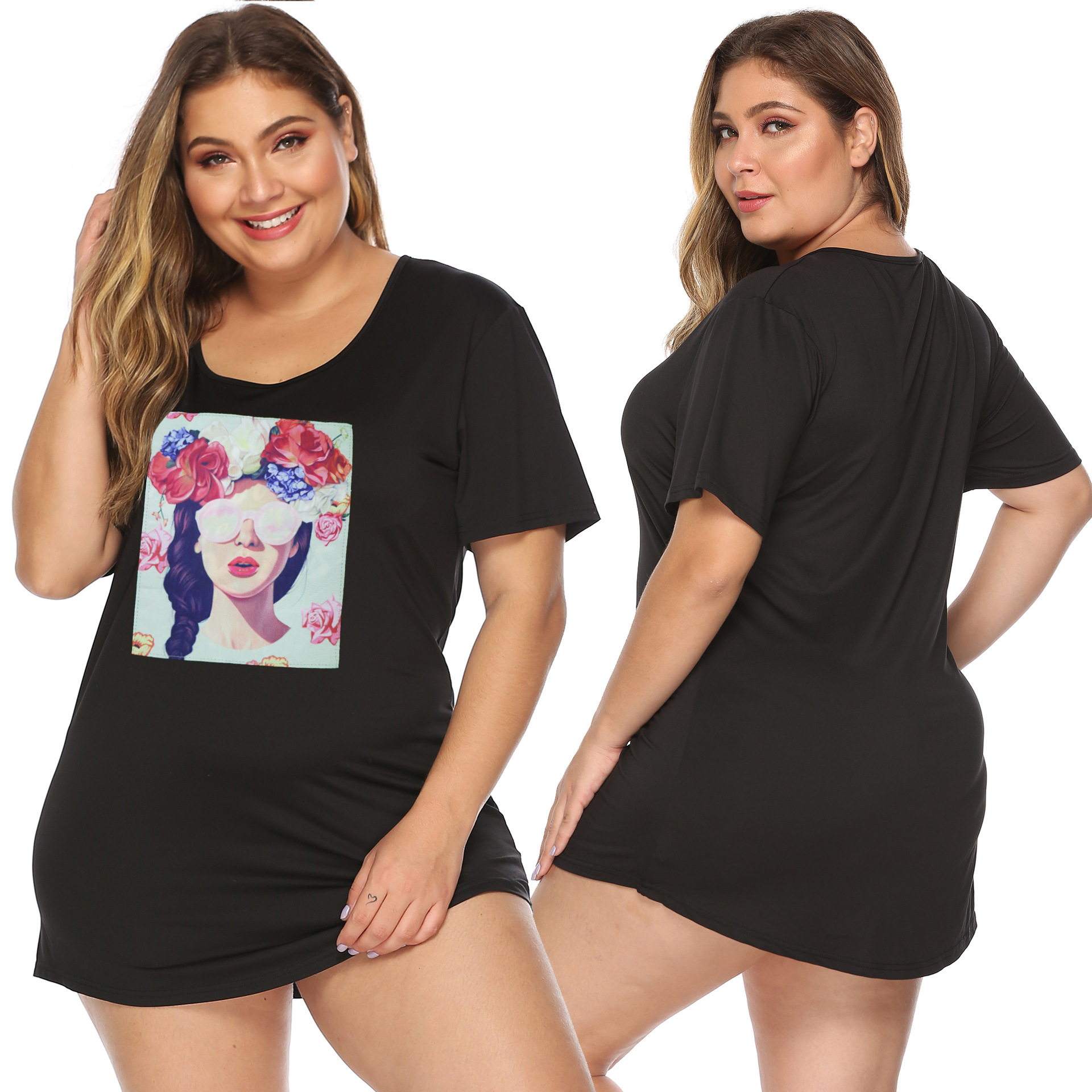 跨境欧美大码女装 贴花休闲宽松百搭短袖t恤上衣女f1104800