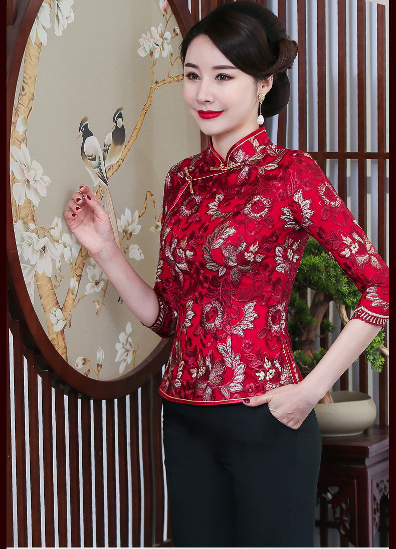 春季蕾丝刺绣改良旗袍唐装日常复古国风上衣中式妈妈装婚宴服大码