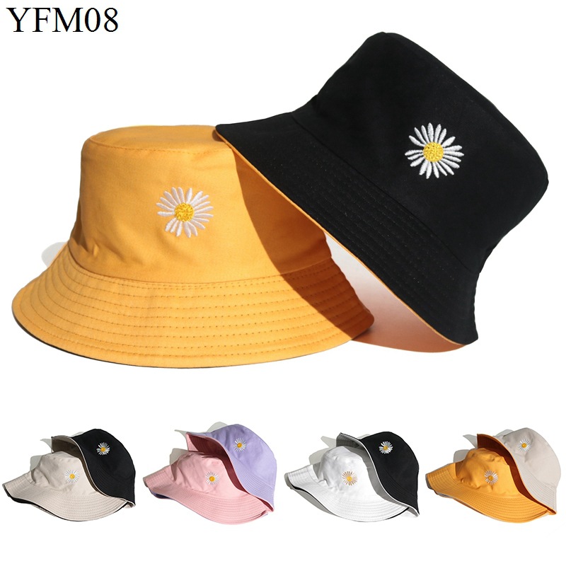 Double-Sided Little Daisy Bucket Hat Children's Fashion Korean Style Japanese Style Sun-Proof Basin Hat SUNFLOWER Chrysanthemum Embroidered Sun Hat Men