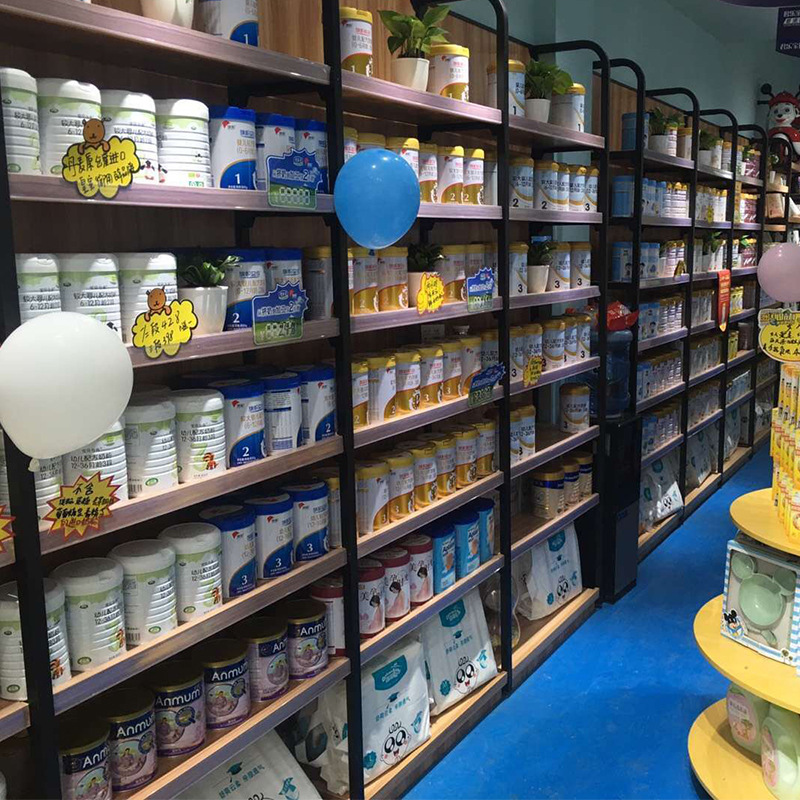 母婴店奶粉货架孕婴店儿童玩具辅食可调陈列架简洁钢木母婴货架