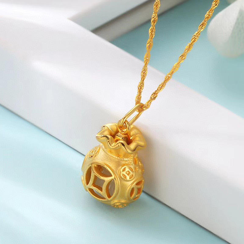999足金福袋吊坠女黄金镶和田玉钱袋项链3d硬金葫芦挂坠招财纳福
