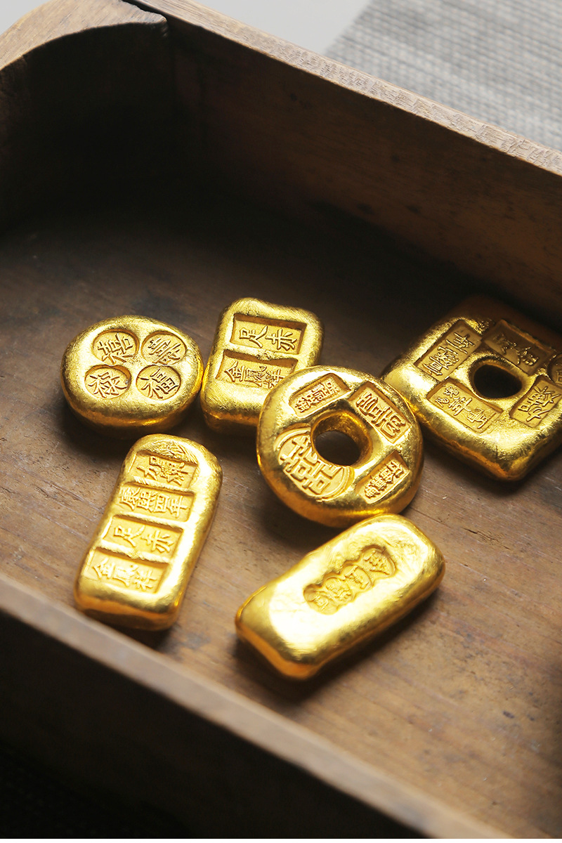 穗千堂不褪色实心鎏金锭子金饼茶盖置茶托金印金币书房笔架镇纸摆