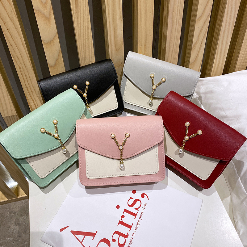 Elegant Sweet Pearl Pendant Small Square Bag 2022 Autumn and Winter New Fashion Color Contrast Women's Shoulder Bag Messenger Bag