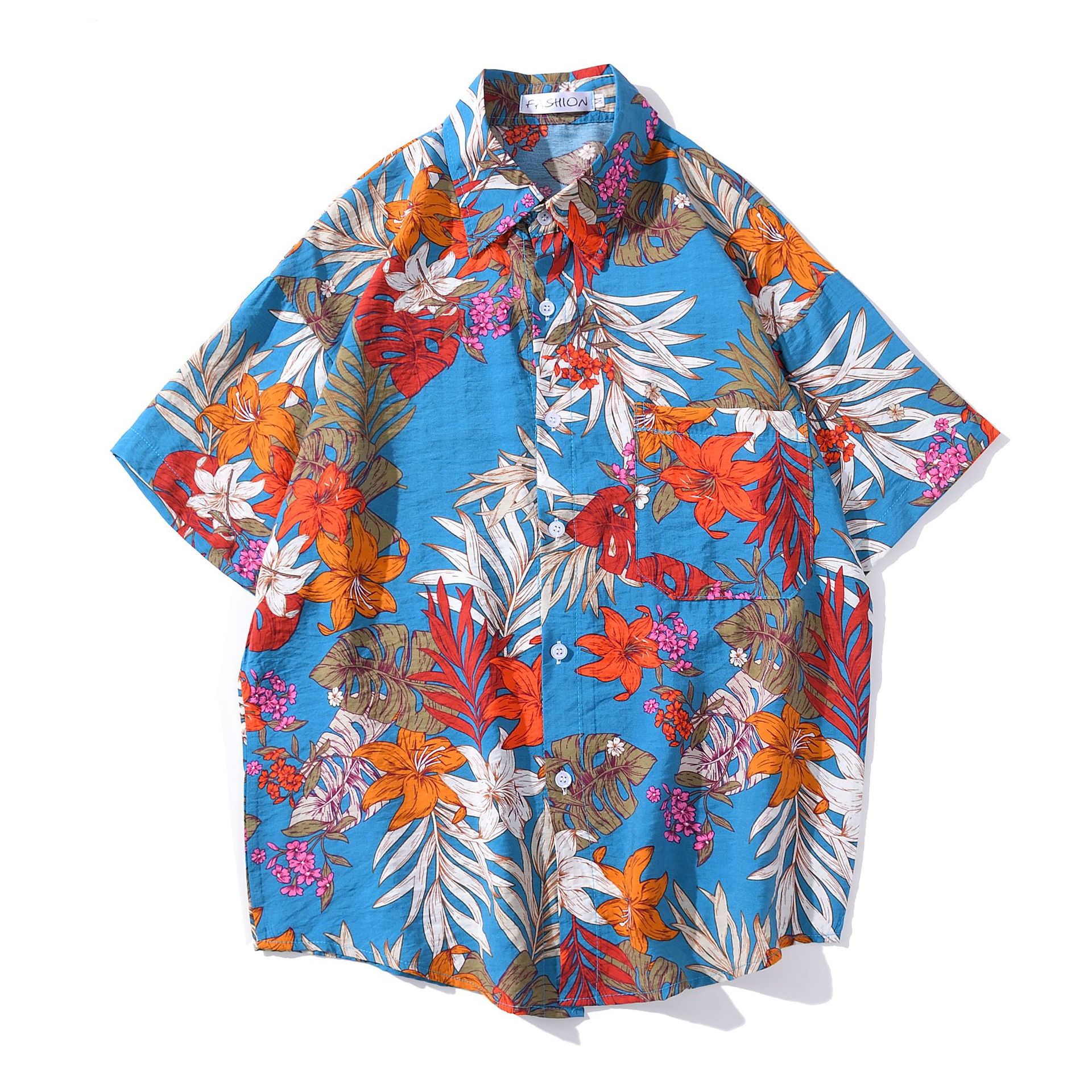 花衬衫男女短袖复古韩版vetiver印花港风ins潮夏季夏威夷沙滩衬衣