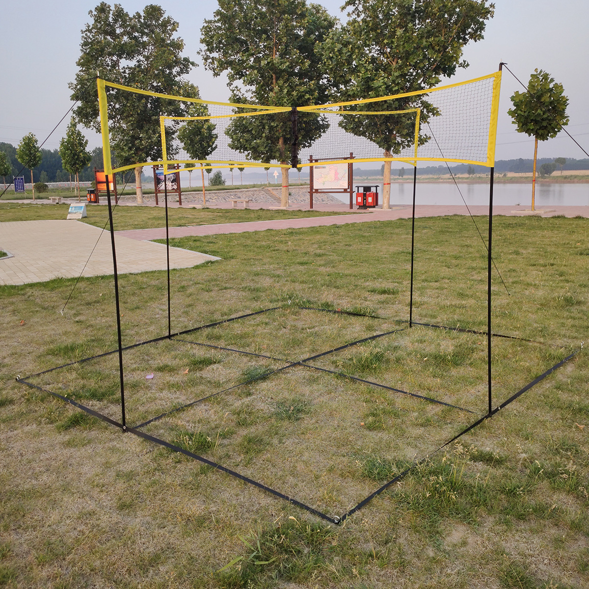 源头厂家pe四边排球网便携四面交叉十字四边沙滩排球网架套装