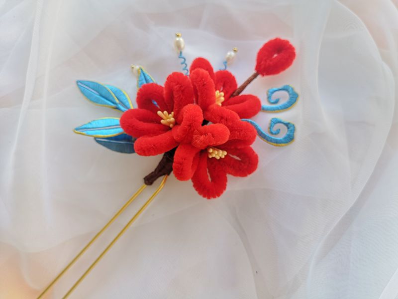 原创手工仿绒花发钗缠花描金汉服发簪淡水珍珠流苏步摇头饰发饰