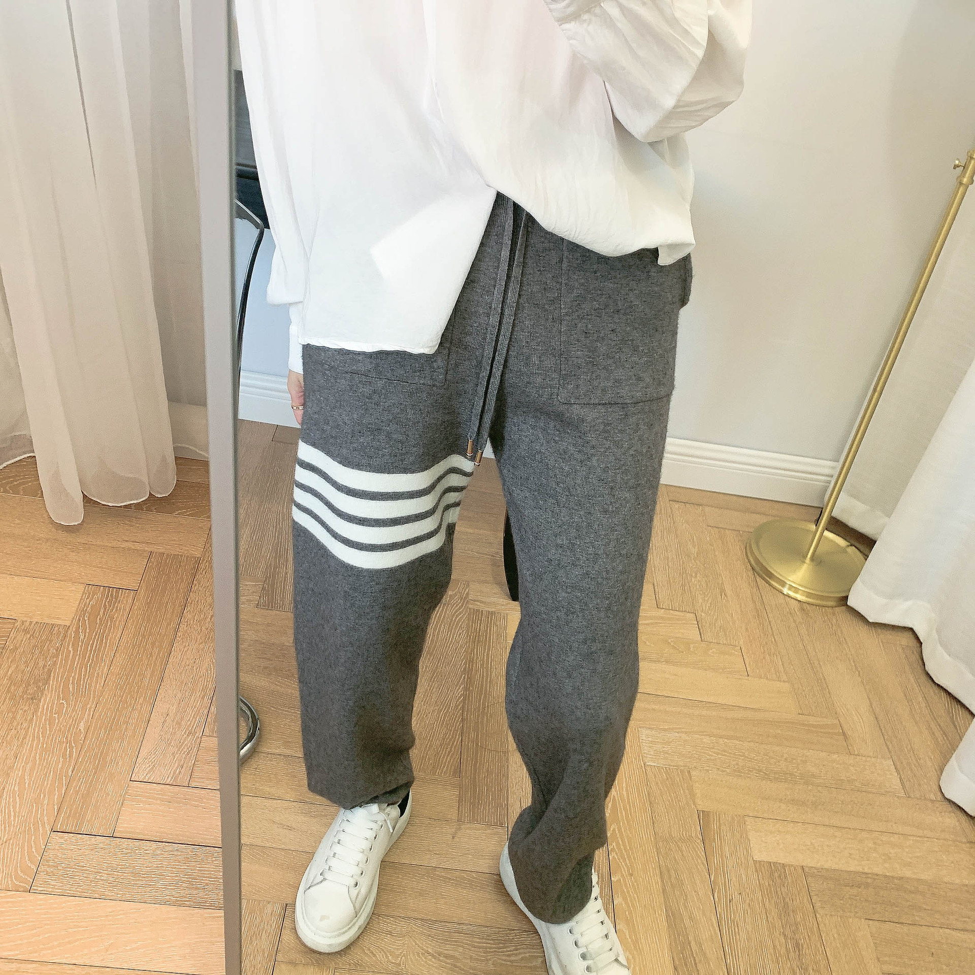 2020tb高腰长裤女针织裤灰色四杠宽松直筒ol休闲裤显瘦阔腿裤基础