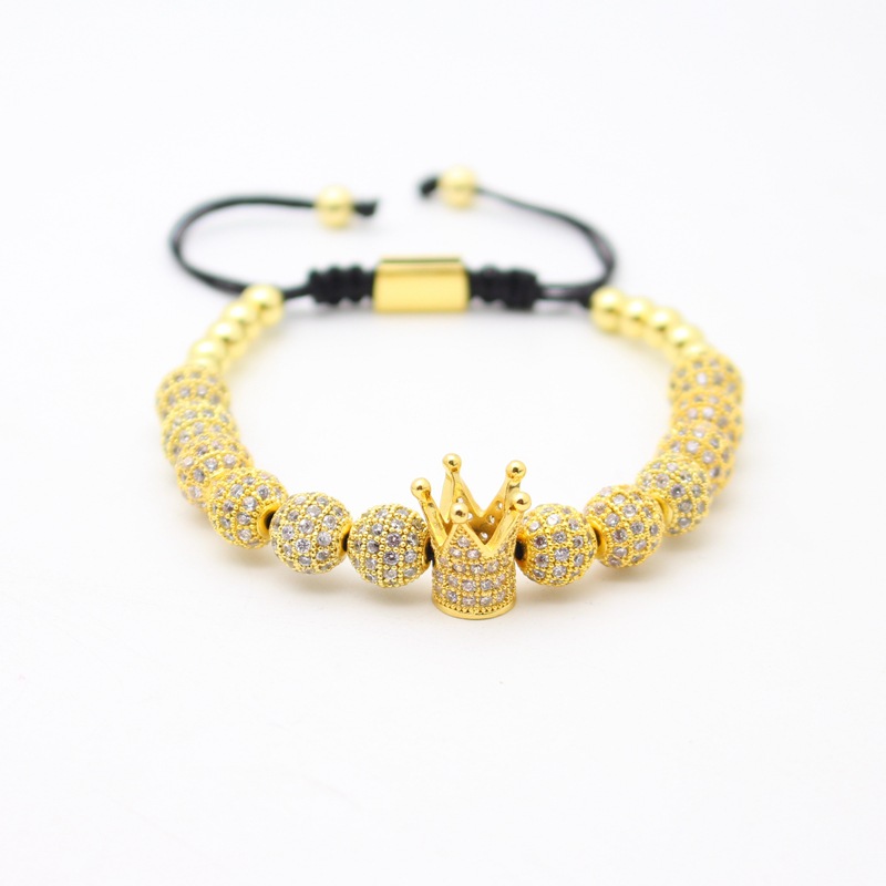12颗 8mmcz钻球皇冠编织手链 铜串珠男士手链
