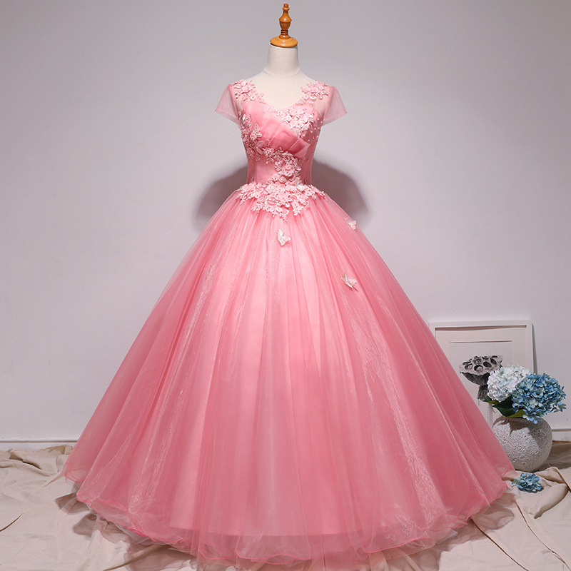 外贸货源蓬蓬裙 森系影楼主题彩纱粉色新娘婚纱宴会v领晚礼服批发