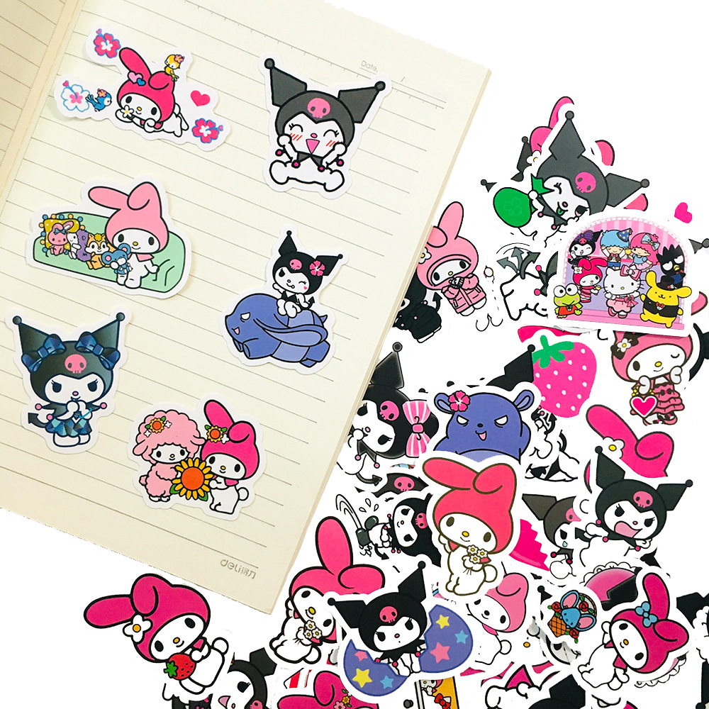 卡通黑粉酷洛米kuromi50张不干胶贴纸日记本拉杆箱滑板防水贴画