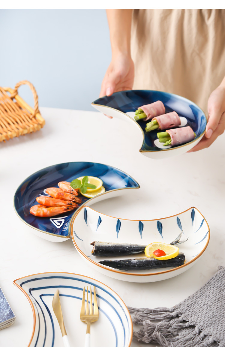 网红陶瓷日式手绘餐盘月亮柳叶团圆拼盘餐具组合家用餐盘味碟摆盘